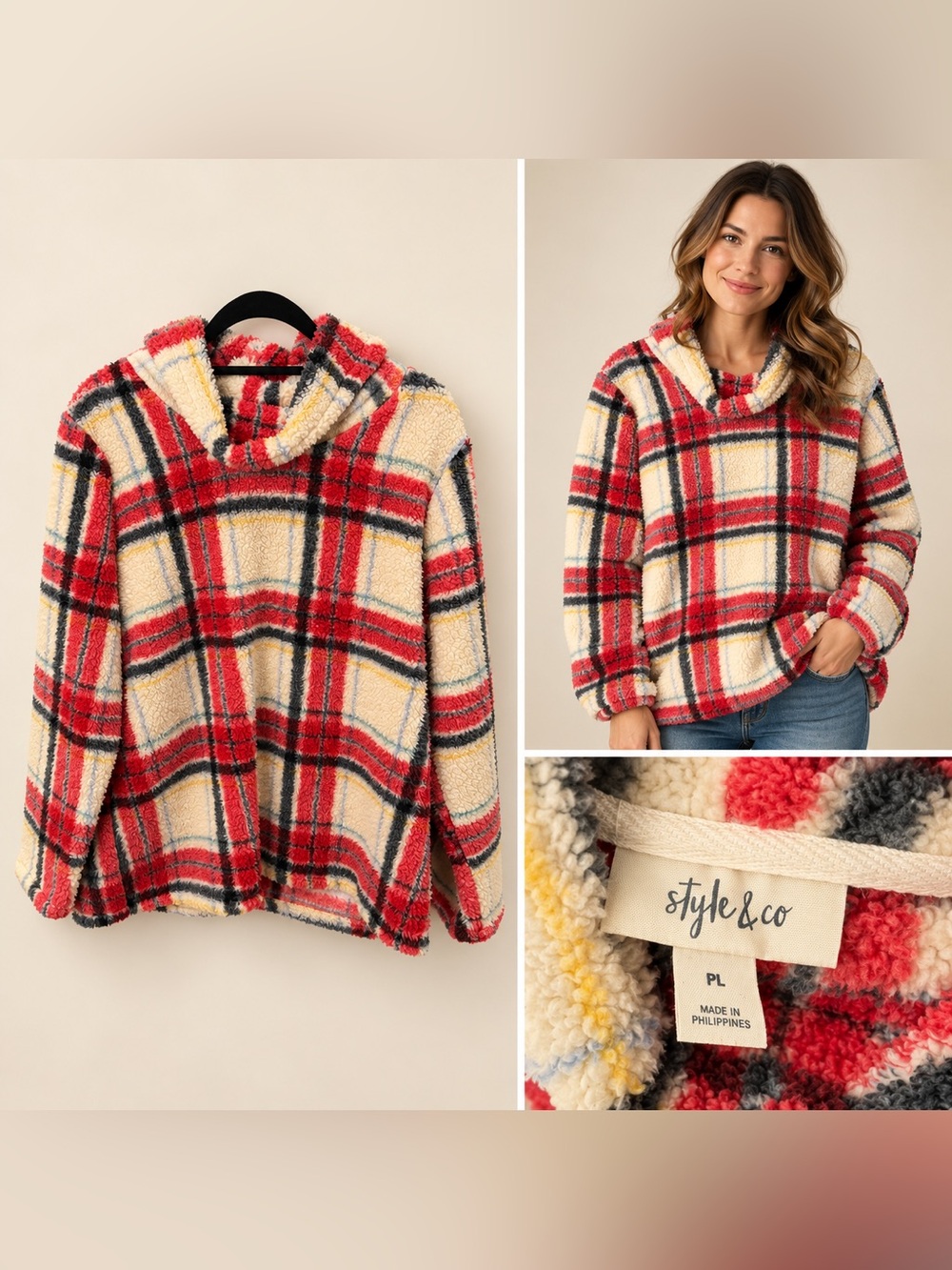 Style & Co. Cream, Red and Black Plaid Sherpa Cowl Hoodie